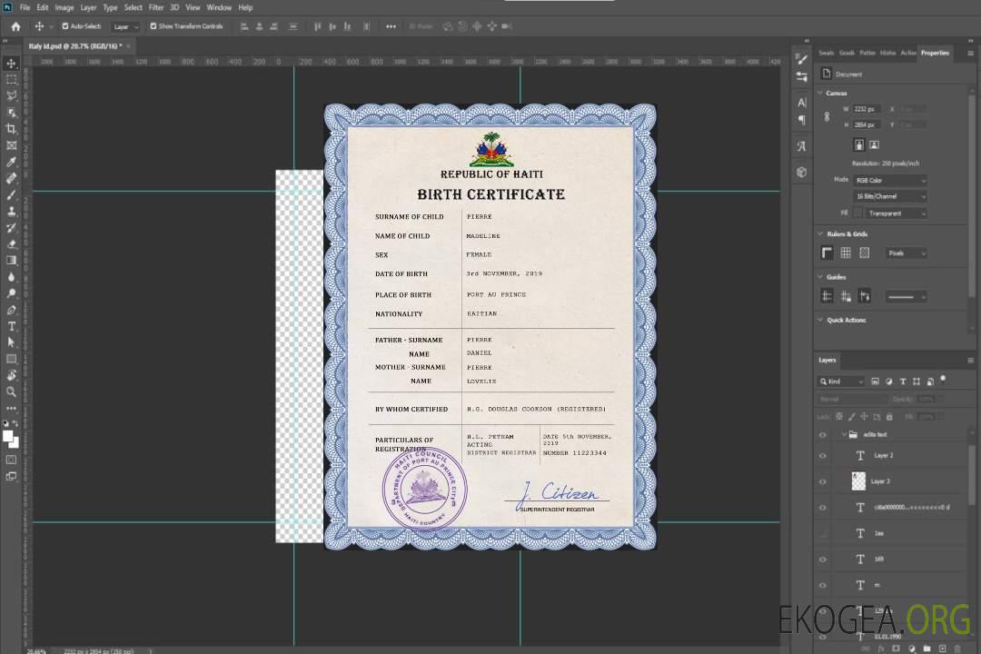 Modèle PSD de certificat de naissance d'état civil d'Haïti template